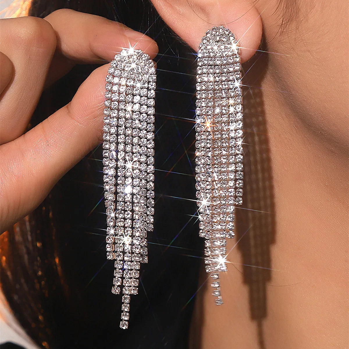 2PC FYUAN Women's Fashion Long Flow Su Pendant Earrings Gold and Silver Water Diamond Hanging Earrings Wedding Party Jewelry-233