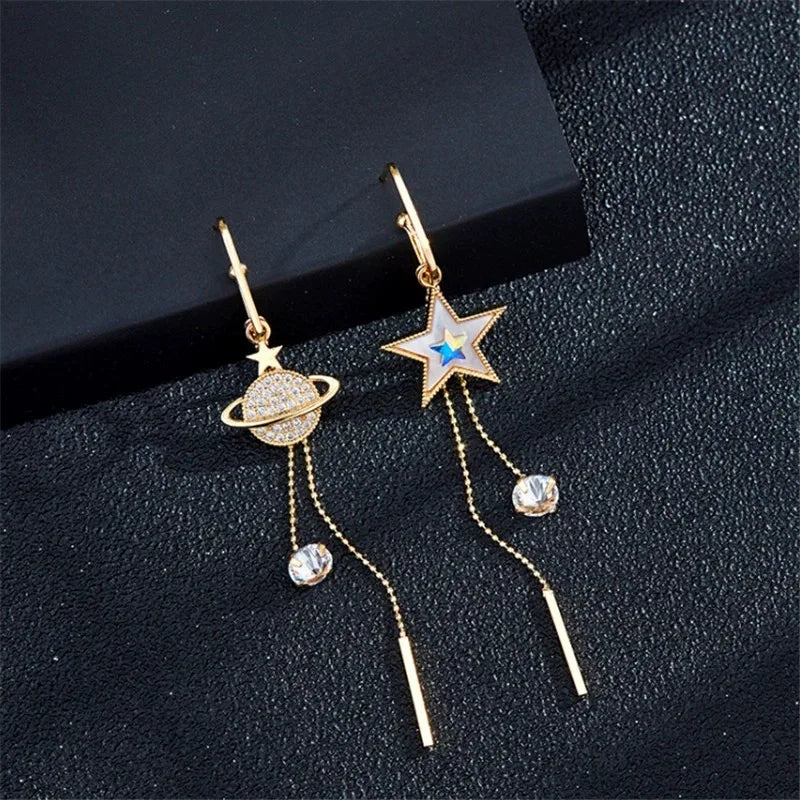 2PC New Trend Star Earth Long Tassel Dangle Earrings For Women Planet Crystal Statement Pendant Earrings Wedding Party Jewelry