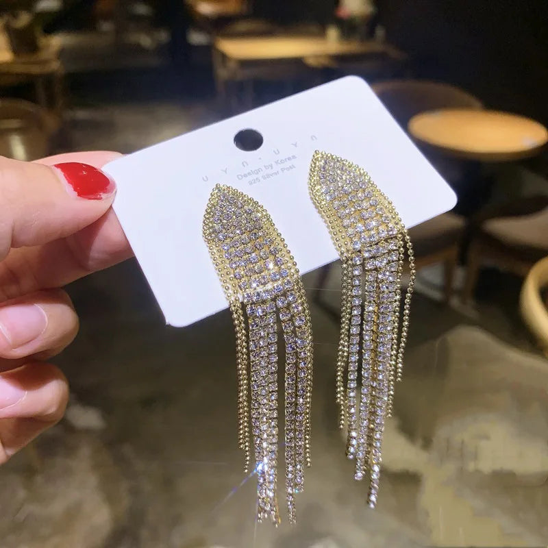 2PC FYUAN Women's Fashion Long Flow Su Pendant Earrings Gold and Silver Water Diamond Hanging Earrings Wedding Party Jewelry-233