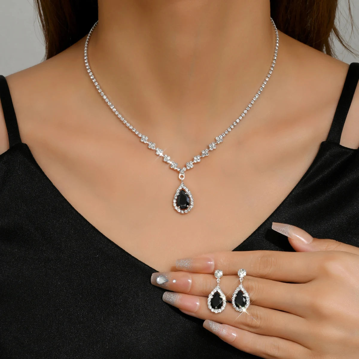 3PC Women's Fashion Trend Copper Claw Chain Series Water Drop Necklace Earrings Jewelry Set Wedding Banquet Party Holiday Gift