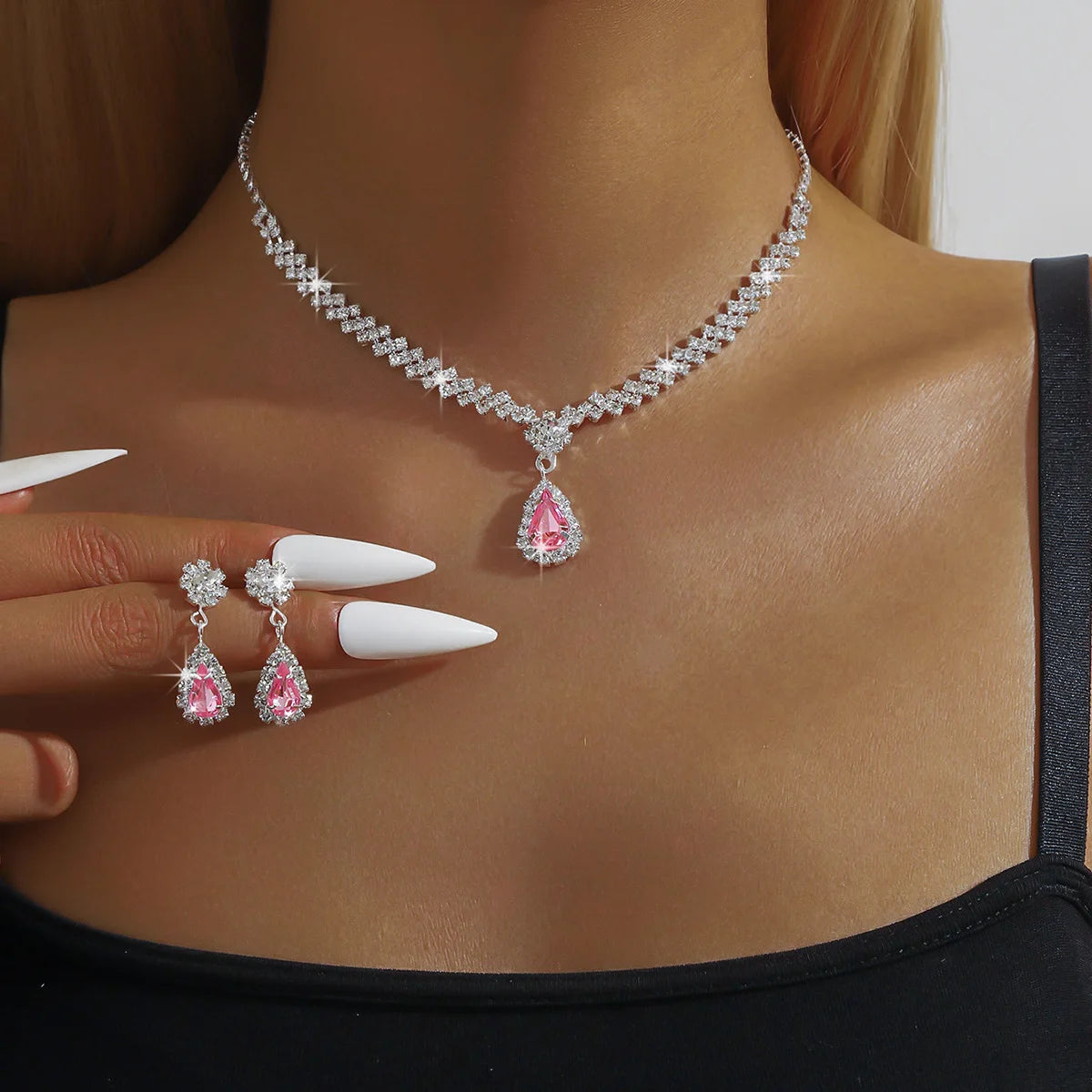 3 Pieces Of Fashionable Women's Water Drop Necklaces And Earrings Set For Wedding Season, Banquet And Party Accessories-2910