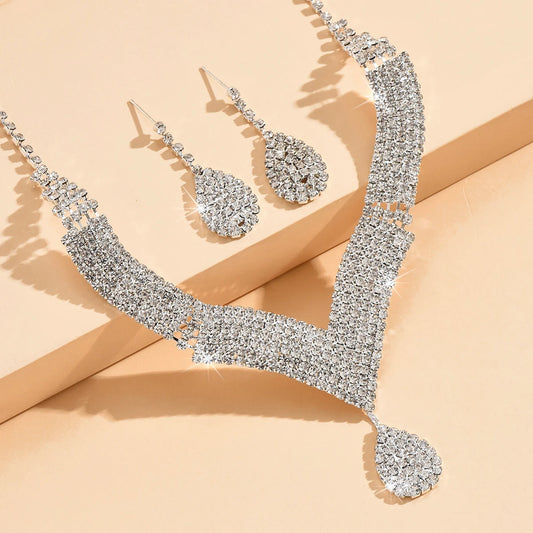 3pcs fashionable rhinestones, water droplets, necklaces, earrings, jewelry sets, women's wedding accessories🎁