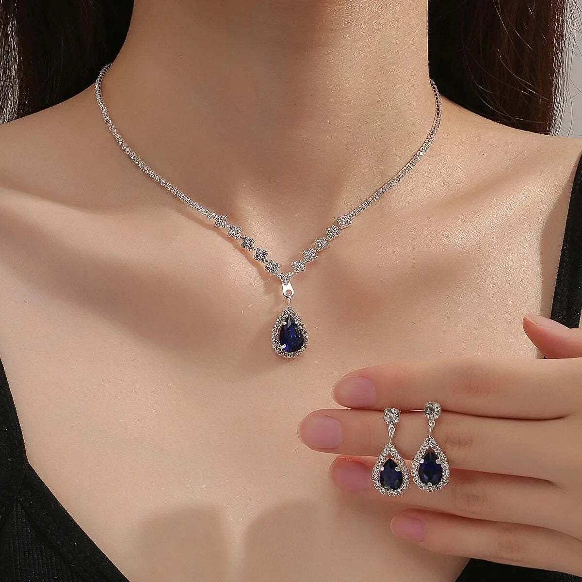 3PC Women's Fashion Trend Copper Claw Chain Series Water Drop Necklace Earrings Jewelry Set Wedding Banquet Party Holiday Gift