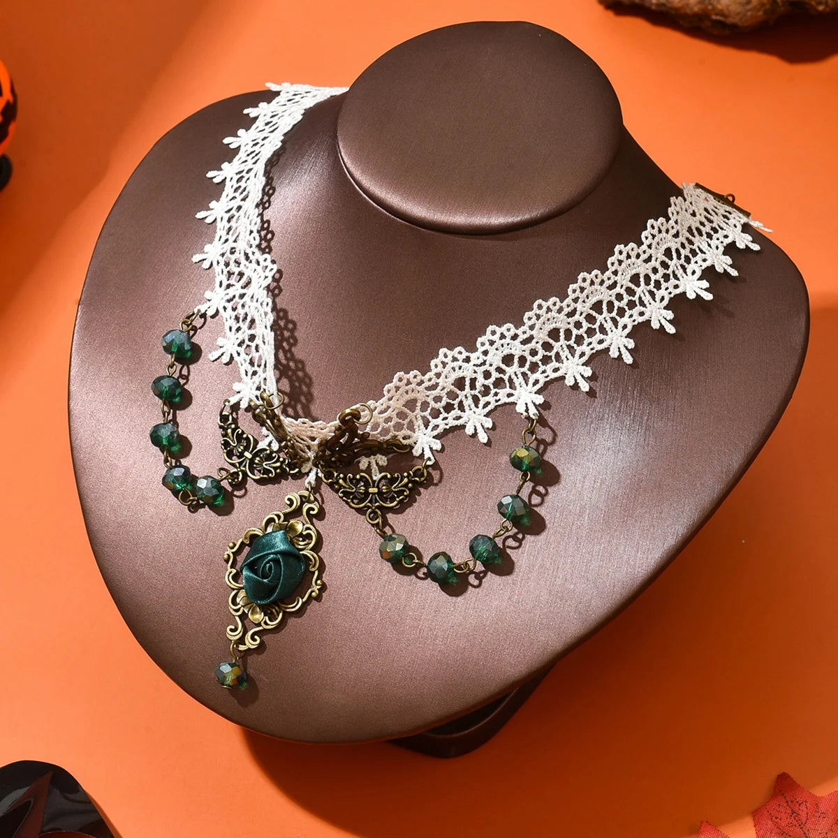 Fashionable women's vintage lace rose necklace, designed with multi-layered tassel alloy Halloween accessories