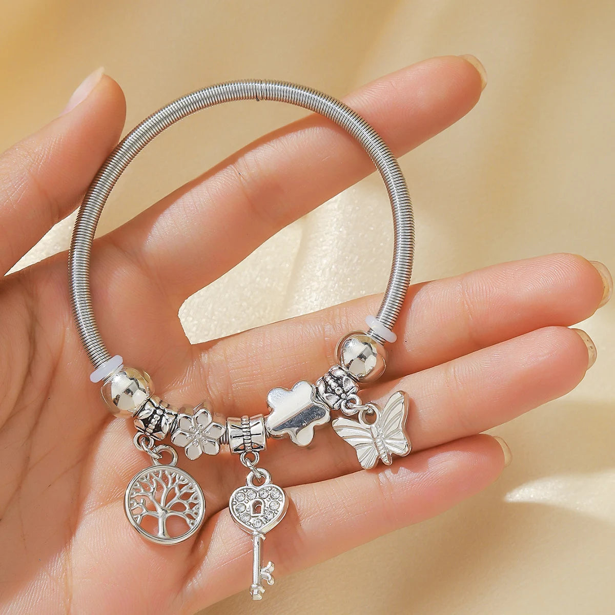 1PC Women's Fashion Multi Element Stainless Steel DIY Teddy Bear Bead Bracelet Date Banquet Party Festival Dressing Gift