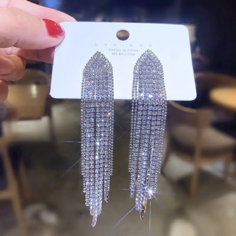 2PC FYUAN Women's Fashion Long Flow Su Pendant Earrings Gold and Silver Water Diamond Hanging Earrings Wedding Party Jewelry-233