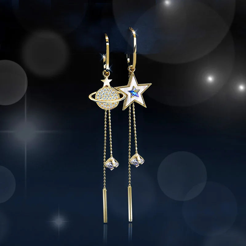 2PC New Trend Star Earth Long Tassel Dangle Earrings For Women Planet Crystal Statement Pendant Earrings Wedding Party Jewelry