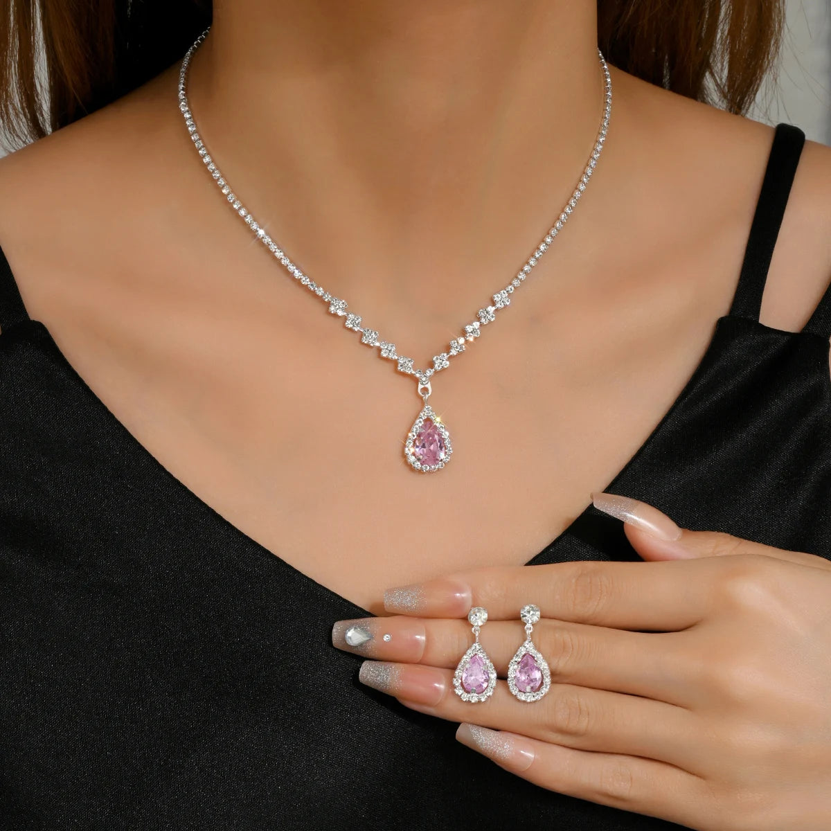 Women's fashion light luxury rhinestone water droplet necklace, earring set, simple and versatile fashion accessories