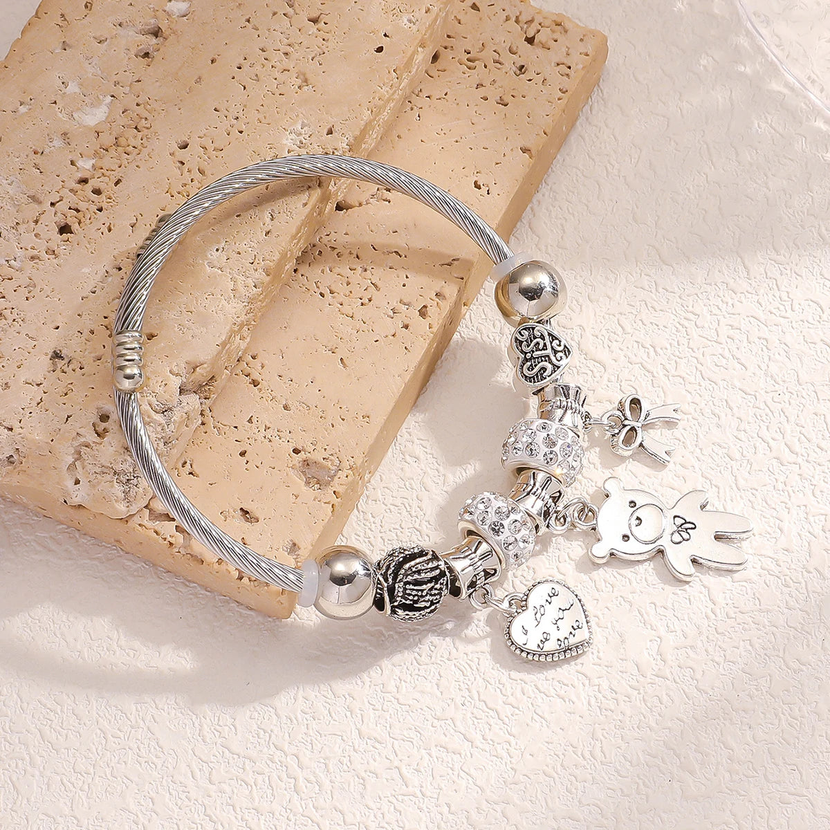 1PC Women's Fashion Multi Element Stainless Steel DIY Teddy Bear Bead Bracelet Date Banquet Party Festival Dressing Gift