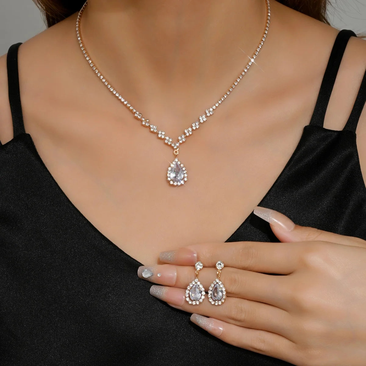 3PC Women's Fashion Trend Copper Claw Chain Series Water Drop Necklace Earrings Jewelry Set Wedding Banquet Party Holiday Gift