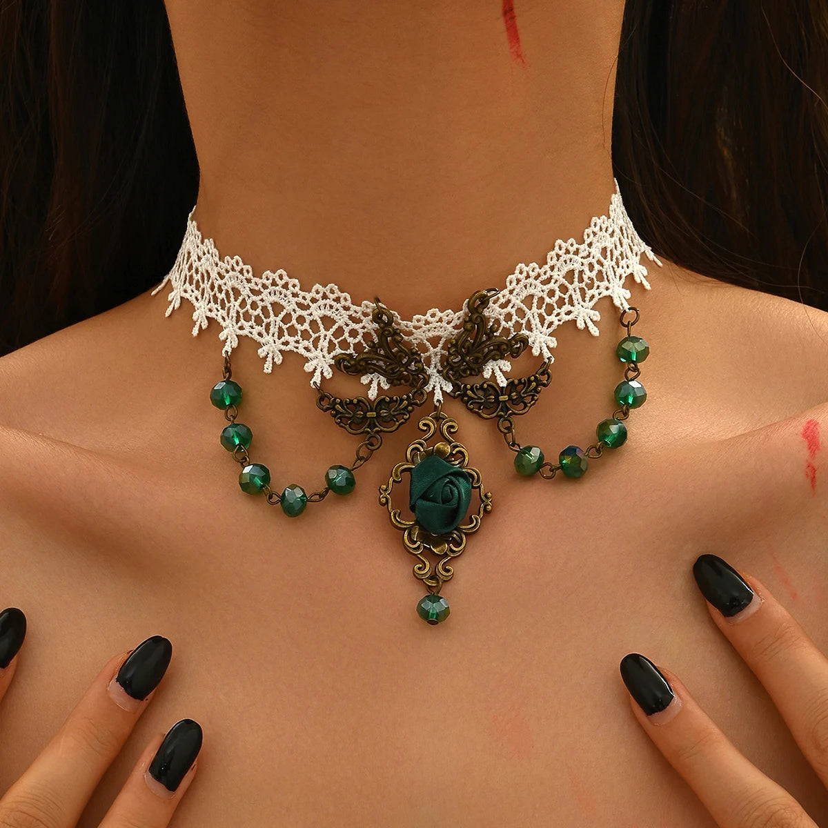 Fashionable women's vintage lace rose necklace, designed with multi-layered tassel alloy Halloween accessories
