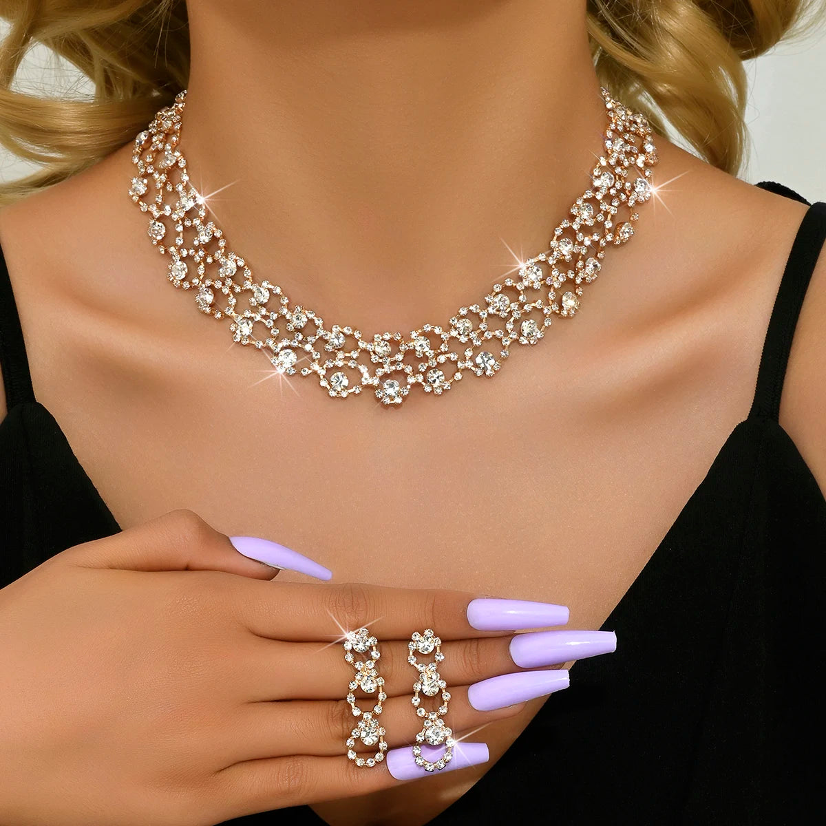 3pcs Women's Jewelry Set Rhinestone Earrings Necklace New Wedding Party Luxury Fashion Accessories