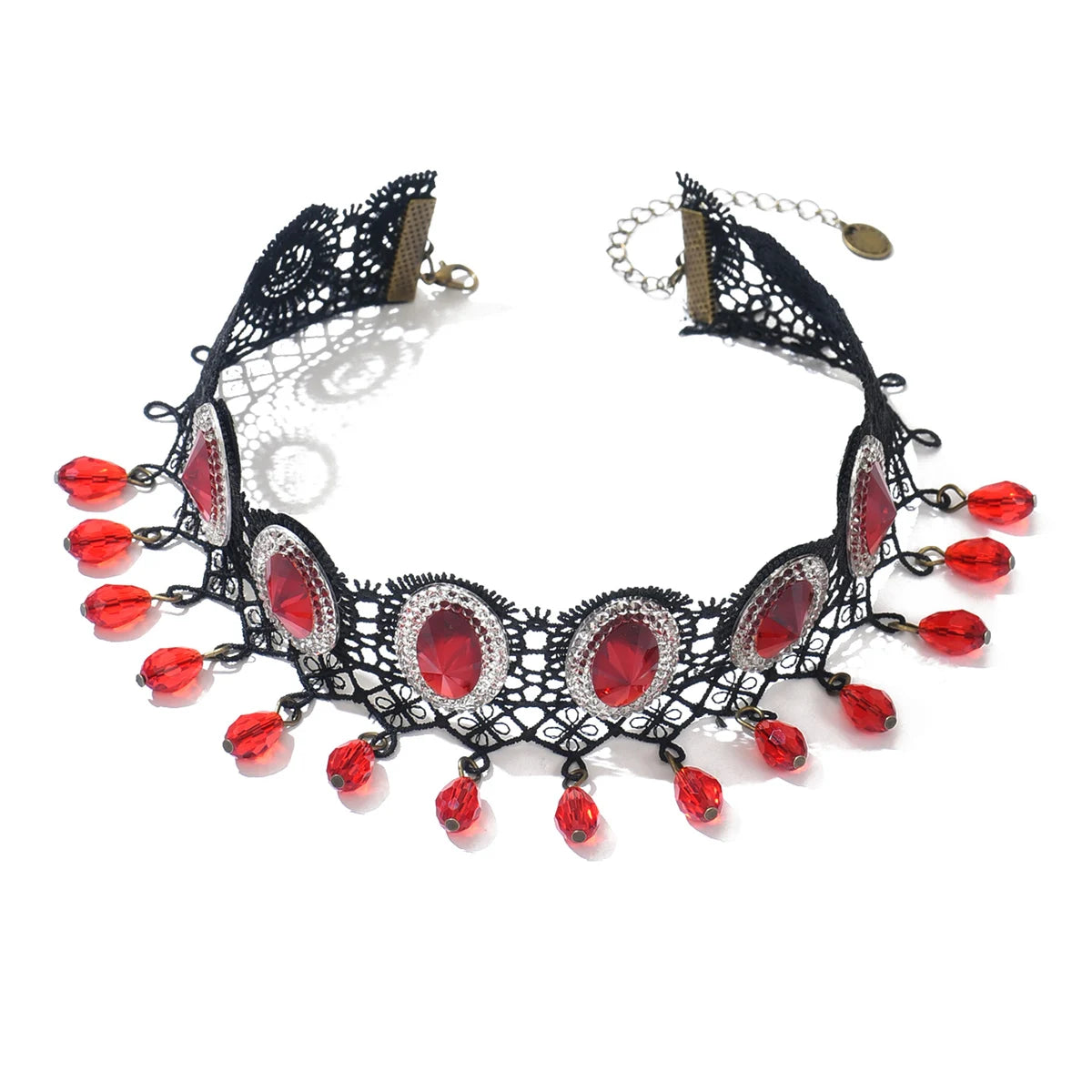 Fashion Design New Korean Edition Black Lace Red Geometric Elliptical Crystal Short Women's Clavicle Chain Necklace