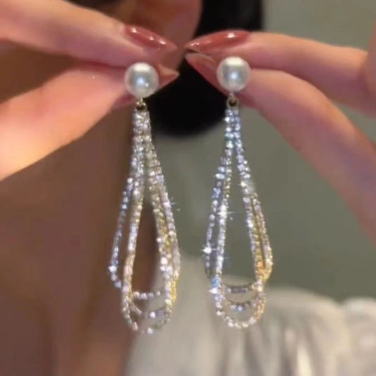 2pcs European and American Exaggerated Long Paragraph Inlaid Rhinestone Water Drop Ladies Earrings Banquet Wedding Gift