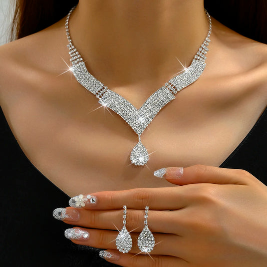 3pcs fashionable rhinestones, water droplets, necklaces, earrings, jewelry sets, women's wedding accessories🎁