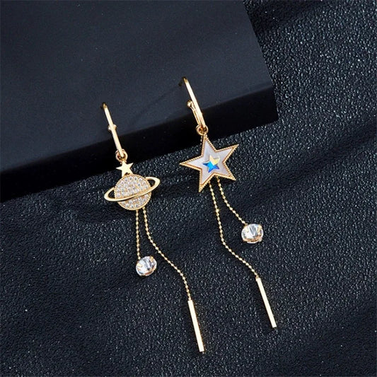 2PC New Trend Star Earth Long Tassel Dangle Earrings For Women Planet Crystal Statement Pendant Earrings Wedding Party Jewelry