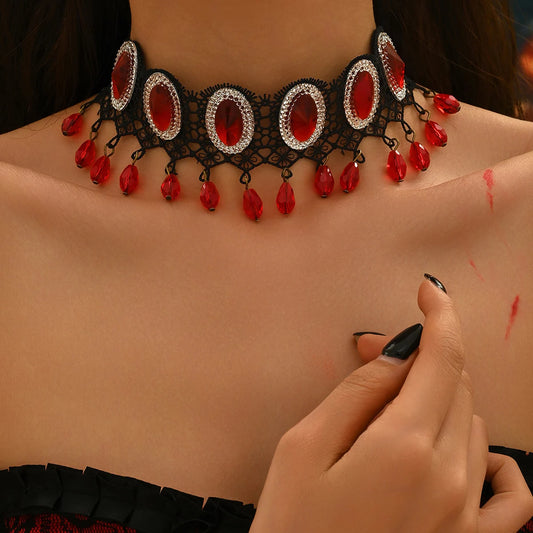 Fashion Design New Korean Edition Black Lace Red Geometric Elliptical Crystal Short Women's Clavicle Chain Necklace