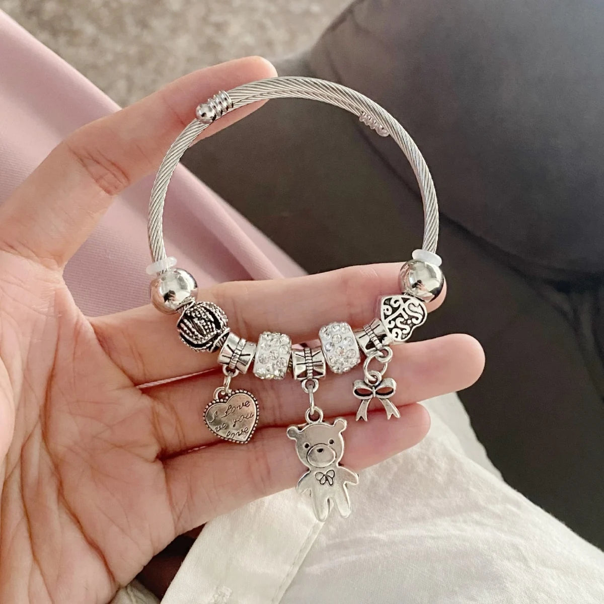 1PC Women's Fashion  Multi Element Stainless Steel DIY Teddy Bear Bead Bracelet Date Banquet Party Festival Dressing Gift