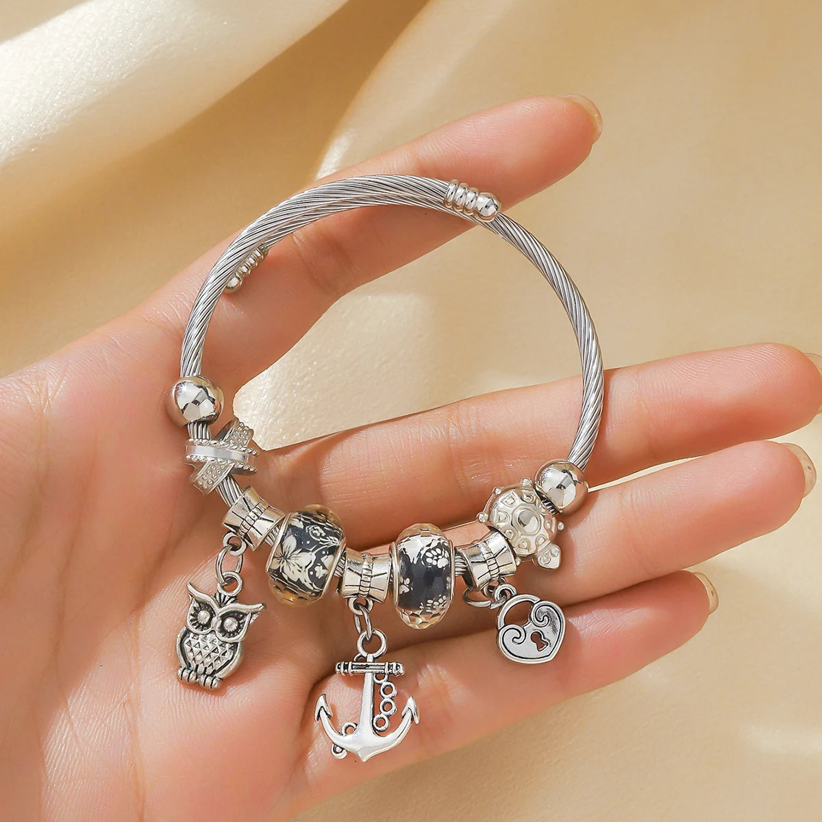 1PC Women's Fashion  Multi Element Stainless Steel DIY Teddy Bear Bead Bracelet Date Banquet Party Festival Dressing Gift