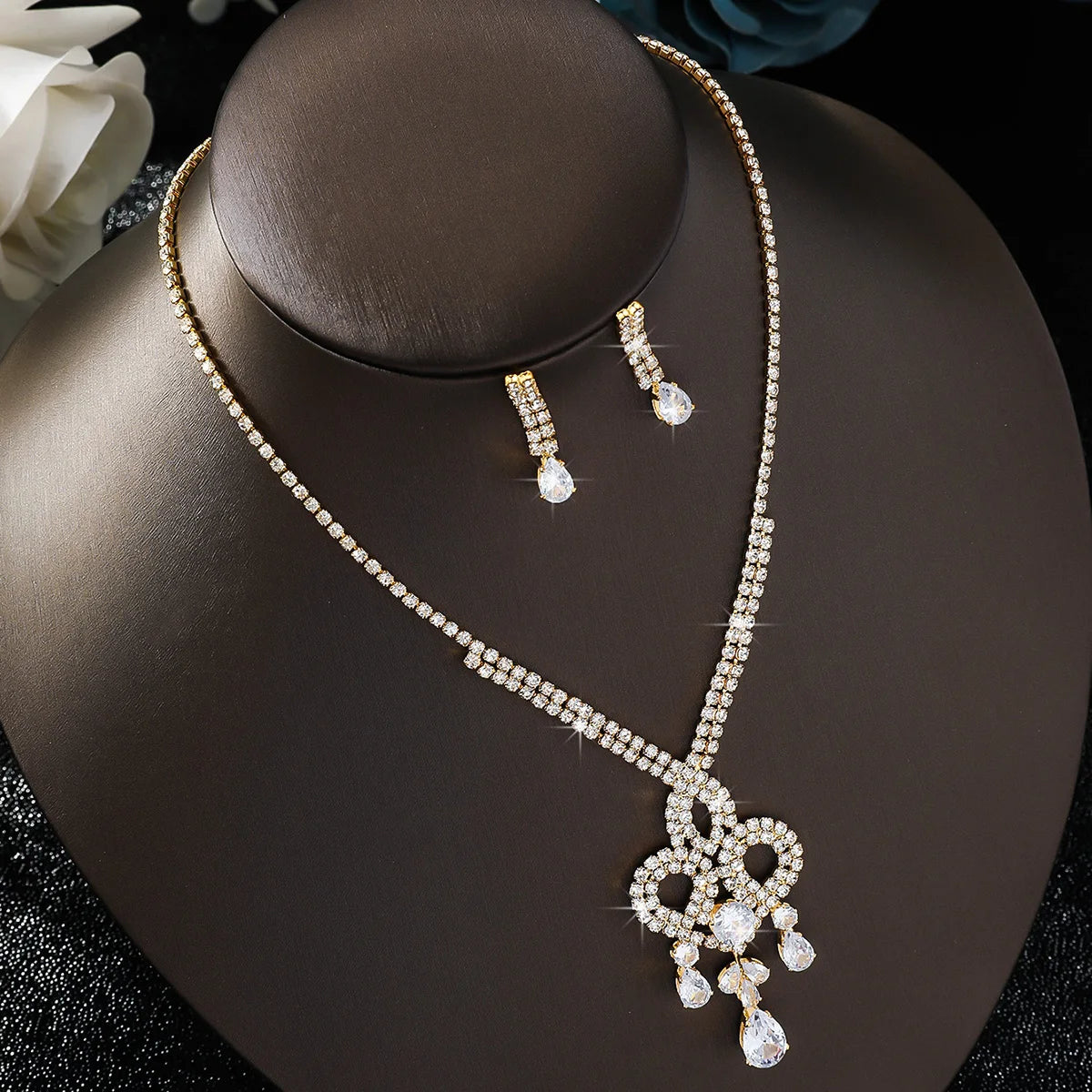 Women's fashionable and dazzling full diamond water droplet set, light luxury style high-end jewelry set for women