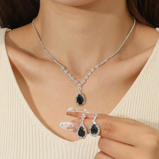 Women's fashion light luxury rhinestone water droplet necklace, earring set, simple and versatile fashion accessories