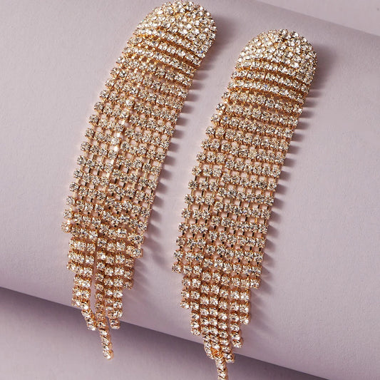 2PC FYUAN Women's Fashion Long Flow Su Pendant Earrings Gold and Silver Water Diamond Hanging Earrings Wedding Party Jewelry-233