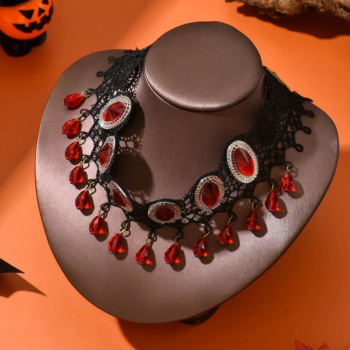 Fashion Design New Korean Edition Black Lace Red Geometric Elliptical Crystal Short Women's Clavicle Chain Necklace