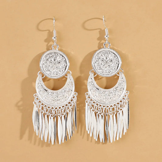 2pcs vintage ethnic style metal tassel carved women's earrings for summer vacation personalized accessories