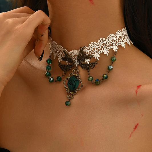 Fashionable women's vintage lace rose necklace, designed with multi-layered tassel alloy Halloween accessories