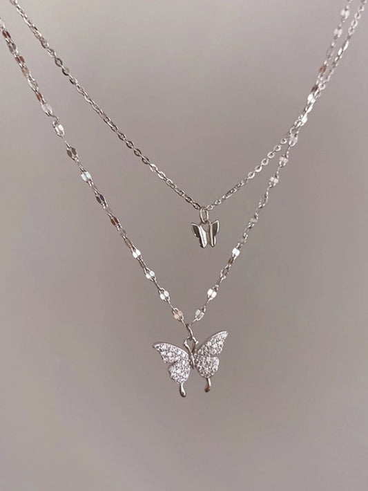 Double Layer Butterfly Necklace for Women, Lats Sparkling Collar Chain, Exquisite Jewelry, Banquet Party, Holiday Gift, 1